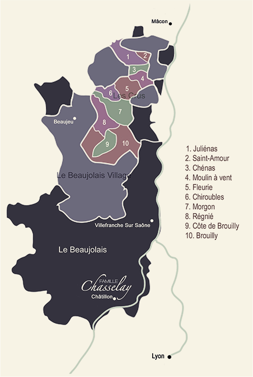 Carte du Beaujolais, domaines et crus